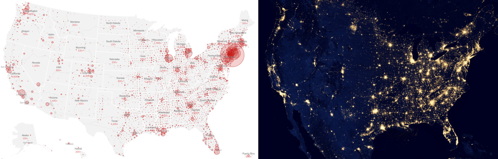 Map showing the correlation between population density and COVID-19 cases.