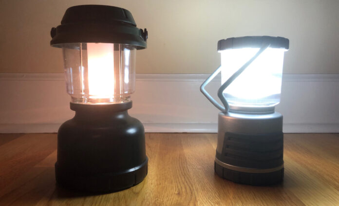 The LED Light (on right) is brighter than the incandescent bulb lantern