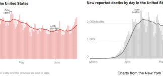 COVID-19 cases and deaths in charts from the New York Times on 6-21-20