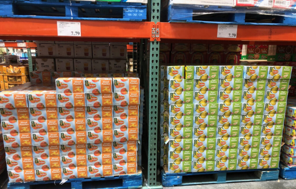 Pallets of canned fruits at Costco