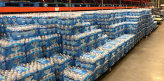 Bottled water as far as the eye can see.