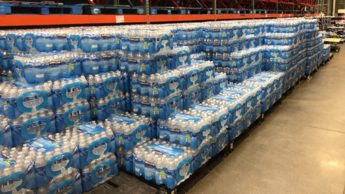 Bottled water as far as the eye can see.