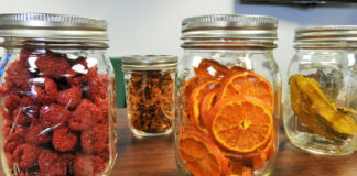 Dehydrated fruits in mason jars.