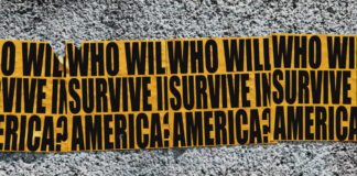 posters on a wall reading "Who will survive in America?" Photo by LOGAN WEAVER on Unsplash.