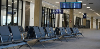 An empty airport seating area.