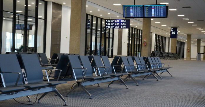 An empty airport seating area.