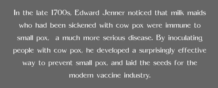 In the late 1700s, Edward Jenner noticed that milk maids who had been sickened with cow pox were immune to small pox, a much more serious disease. By inoculating people with cow pox, he developed a surprisingly effective way to prevent small pox, and laid the seeds for the modern vaccine industry.