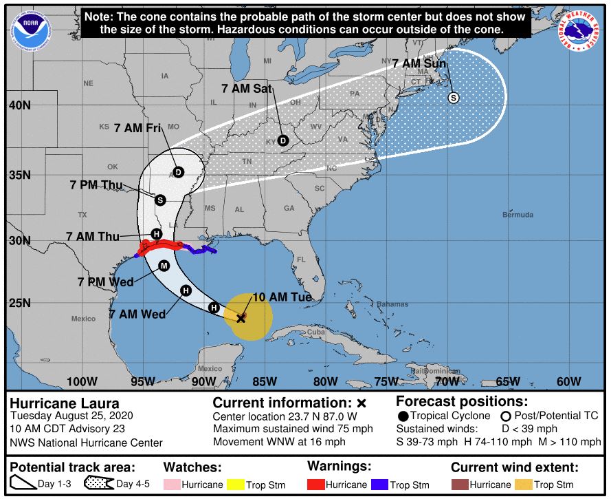 Cone for Hurricane Laura as of 8/25/20