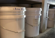 5 and 6-gallon pails of rice and beans