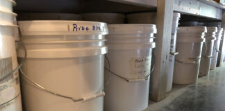 5 and 6-gallon pails of rice and beans