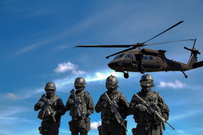 black helicopter and a team in tactical gear
