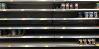 An empty soup shelf from May 2020