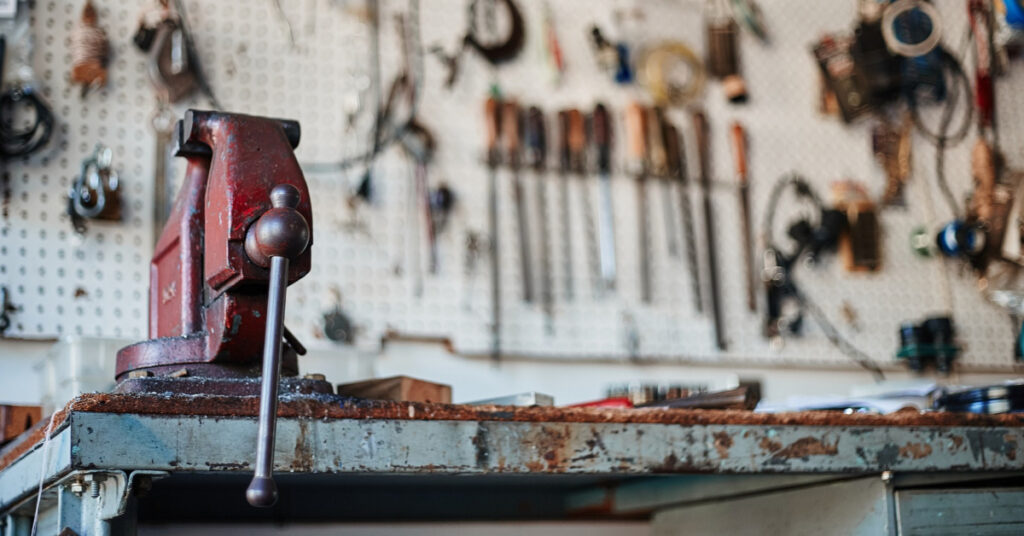 A work bench with tools