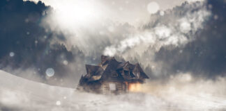 snowy mountain cabin