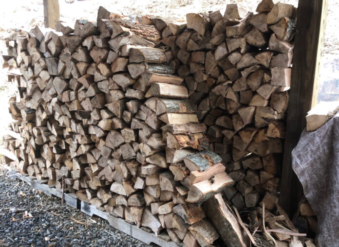 Roughly a cord of firewood stacked to dry