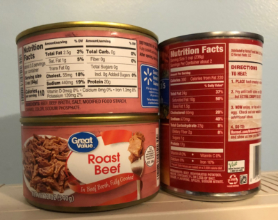 Cans of roast beef and corned beef hash