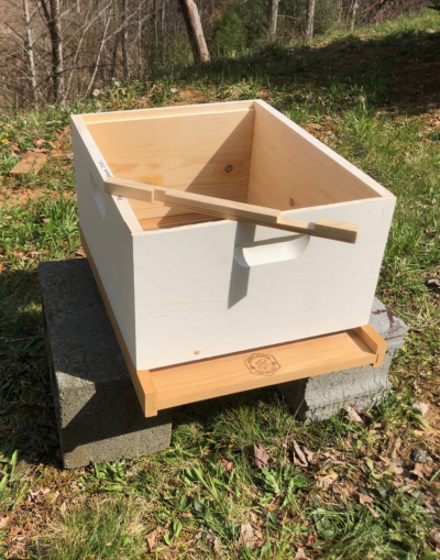 An entrance reducer sits on top of the hive body.