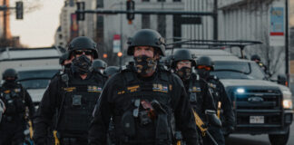 police in combat gear representing force