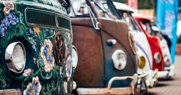 VW minibus with hippie motif