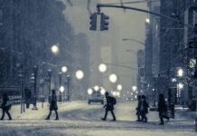 A cold, snowy city street.