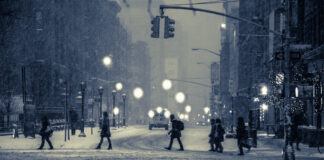 A cold, snowy city street.