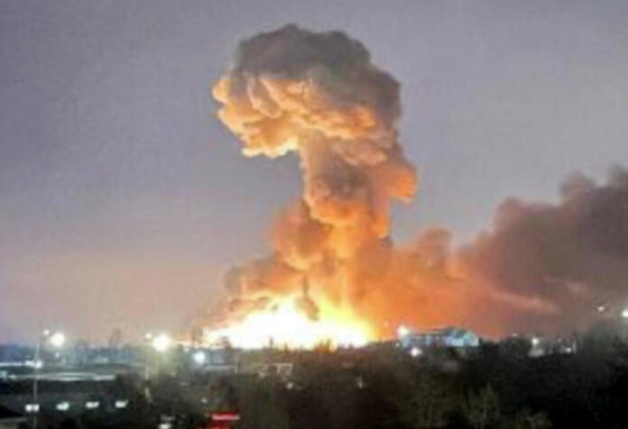 An explosion in Ukraine during Russian attack.