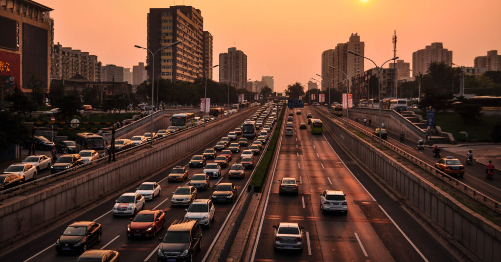 Traffic heading out of a city