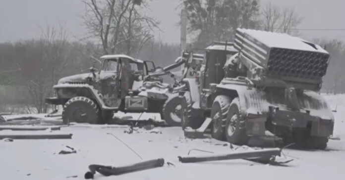 Russian military rocket launcher and trucks destroyed in Ukraine