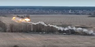 A screen grab from the video released by the Ukrainian military showing a helicopter shot down by a missile.