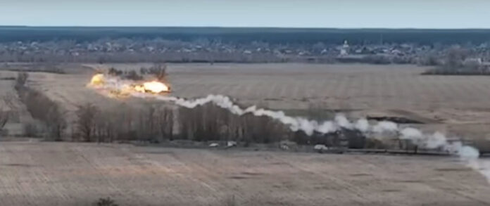 A screen grab from the video released by the Ukrainian military showing a helicopter shot down by a missile.