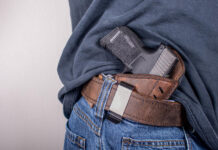 You can see how this inside-the-waistband holster and gun could be easily concealed by draping the shirt over it..