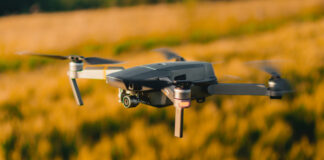 A consumer drone in flight