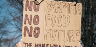 A protester holds a sign that says "no farmer - no food - no future."