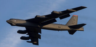 A B-52 strategic bomber taking off