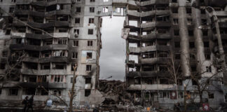 A Ukrainian building destroyed by Russian attacks.