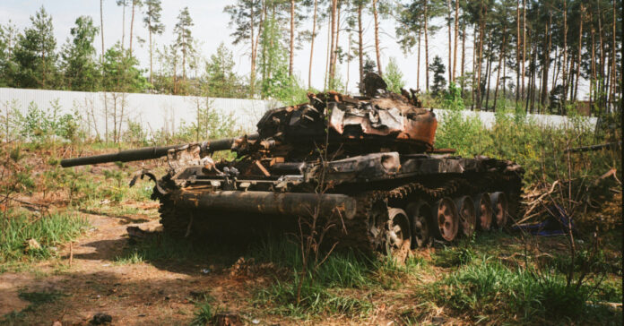 A destroyed tank in the Kyiv Oblast, Ukraine