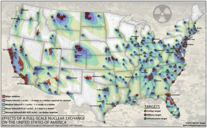 A map showing potential fallout after a nuclear attack.