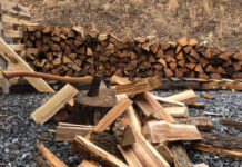 Splitting firewood with an axe.
