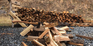 Splitting firewood with an axe.