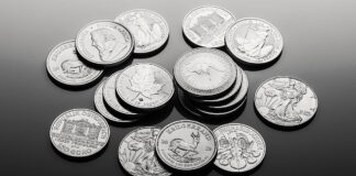 A selection of one-ounce coins issued by government mints from around the world.