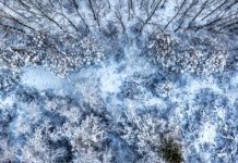 A snowy scene shot from above