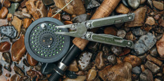 A multitool and a fly fishing rod and reel