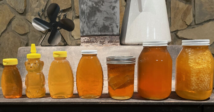 honey jars filled after our recent harvest.