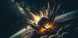 An asteroid strikes a planetary body.
