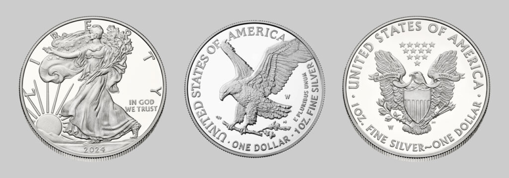 Silver eagle with the older reverse seen on on the right.