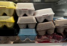 Eggs stored in our refrigerator waiting to be sold.