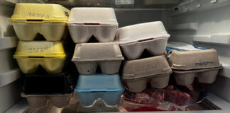 Eggs stored in our refrigerator waiting to be sold.