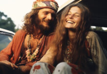 An AI generated image of hippies, the generation that sought to change the world for the better and ruined it instead.