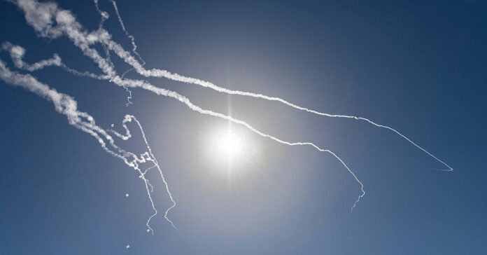 The Israeli Iron Dome system intercepting missiles. Photo by the IDF Spokesperson's Unit.