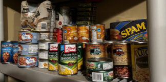 One shelf of canned goods in Pete's Prepper Pantry.